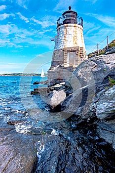 Scenic view of white Castle Hill Lighthouse, Newport, Rhode Island
