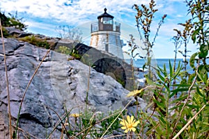 Scenic view of white Castle Hill Lighthouse, Newport, Rhode Island