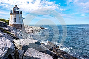 Scenic view of white Castle Hill Lighthouse, Newport, Rhode Island