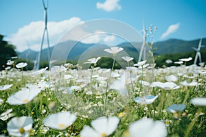 Scenic View of White Cosmos Flowers Field with Windmills and Mountain Range against Blue Sky