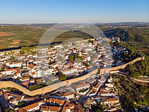 Scenic view of white houses red tiled roofs, and castle from wall of fortress. Obidos village, Portugal.