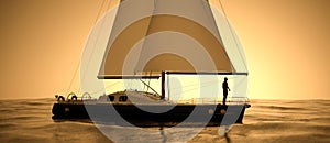 Scenic view of yacht sailing at sunset with a silhouette of a man