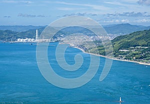 Scenic view of Yamaguchi coastline and Yanai city from Suo-Oshima Island