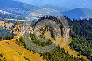 Malebný výhľad na žltkastý svah so zelenými sviežimi lesmi. Veľká Fatra, Slovensko.