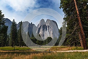 Scenic view of the Yosemite valley, from the valleyÃ¢â¬â¢s floor, with the surrounding rocky mountains, in California