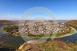 Scenic view of Zalishchyky town and Dnister River. Autumn landscape. Ternopil region, Ukraine