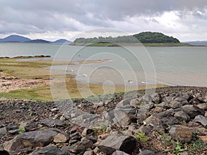 Scenic views from chota pahar, small hill, of the Maithon Dam on the Damodhar river in between West Bengal and Jharkhand of India.