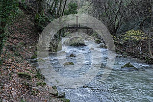 Scenic views of rapids of Aniene river near town of Subiaco, Italy photo