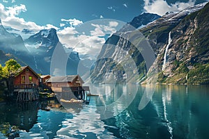 Scenic village with red houses on fjord shore, surrounded by mountains, reflecting in water.