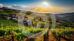 Scenic vineyard landscape aerial view of grape rows, villa, and hills on a sunny day