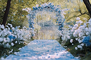 Scenic vows park setting, white and blue flowers, spring ambiance