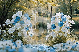 Scenic vows park setting, white and blue flowers, spring ambiance