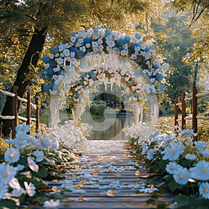 Scenic vows park setting, white and blue flowers, spring ambiance