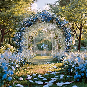 Scenic vows park setting, white and blue flowers, spring ambiance