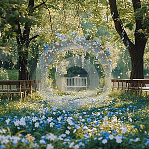 Scenic vows park setting, white and blue flowers, spring ambiance