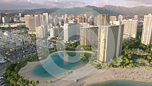 Scenic Waikiki beach skyline panorama, Aerial view Oahu at sunset scene, Hawaii