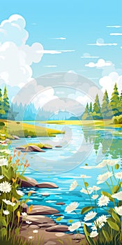 Scenic Water Landscape: Colored Cartoon Style Illustration Of Freshwater Lake