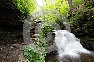 Scenic Waterfall in Ricketts Glen State Park in The Poconos in P