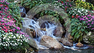 Scenic waterfall surrounded by flowers