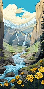 Scenic Waterfall: A Whistlerian Inspired Cartoon Poster Art photo