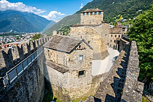 Scenic wide angle view of Castello di Montebello castle from rampart walk in Bellinzona Switzerland