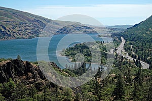 Wide and high angle view on the Columbia river gorge valley from the Rowena ctrest viewpoint in Oregon photo