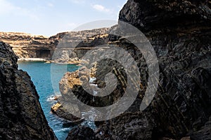 Scenic window to the sea from the cliffs of the Cuevas de Ajuy, Pajara, Spain