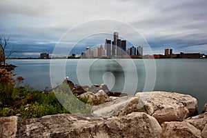 Scenic Windsor Ontario Riverfront Sunny View of Detroit, Michigan From the Riverbank of Windsor, Ontario