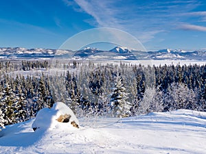 Scenic winter at frozen Lake Laberge Yukon Canada