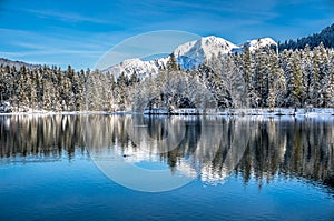 Scenic winter landscape in Bavarian Alps at mountain lake Hintersee, Germany