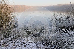 Scenic winter landscape featuring a tranquil lake surrounded by lush vegetation.