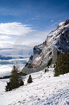 Scenic winter landscape in Grosser Mythen