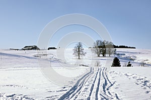 Scenic winter landscape, mountains covered with white snow, dark trees and path in snow leading to the wooden house. Snowy hills u