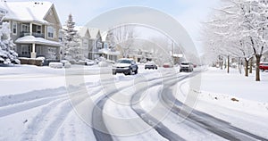 A Scenic Winter Landscape of a Neighborhood, Vehicles Cloaked in Snow
