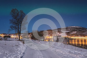 Scenic winter landscape with northern lights, Aurora borealis in night sky, Lofoten Islands, Norway