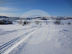 Scenic winter landscape in Rauland with cross-country skiing track