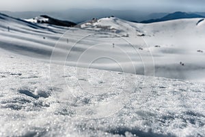 Scenic winter landscape with snow covered mountains, Campocatino, Italy