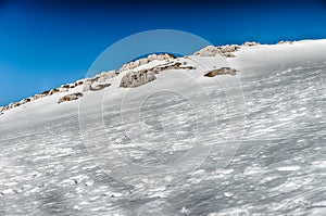 Scenic winter landscape with snow covered mountains, Campocatino, Italy