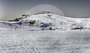 Scenic winter landscape with snow covered mountains, Campocatino, Italy