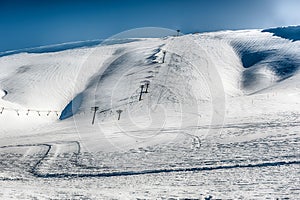 Scenic winter landscape with snow covered mountains, Campocatino, Italy