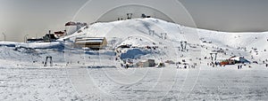 Scenic winter landscape with snow covered mountains, Campocatino, Italy