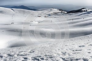 Scenic winter landscape with snow covered mountains, Campocatino, Italy