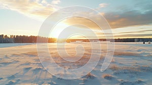 Scenic Winter Sunset: Aerial View Of Snow Covered Field In Rural Finland