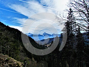 Scenic winter view of mountains Grintovec and Skuta