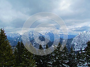 Scenic winter view of snow covered mountains Skuta and Grintovec