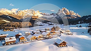 Scenic Winter Wonderland Captured at Sunset. Idyllic Mountain Village with Cozy Chalets. Perfect for Travel and Holiday