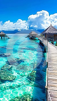 Scenic wooden walkway over turquoise ocean water to overwater bungalows at tropical resort