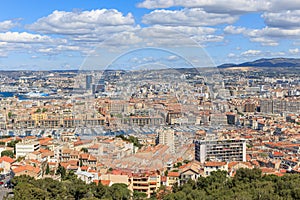 A scenics aerial view of the city of Marseille, bouches-du-rhone, France with the old port (vieux port)