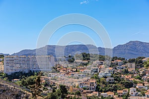 A scenics aerial view of the city of Marseille, bouches-du-rhone, France under a majestic blue sky and some white clouds