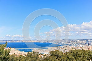 A scenics aerial view of the city of Marseille, bouches-du-rhone, France under a majestic blue sky and some white clouds